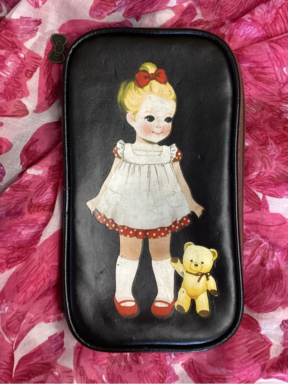 Vintage Style Black Zip Pouch with Blonde Doll & Yellow Teddy Illustration